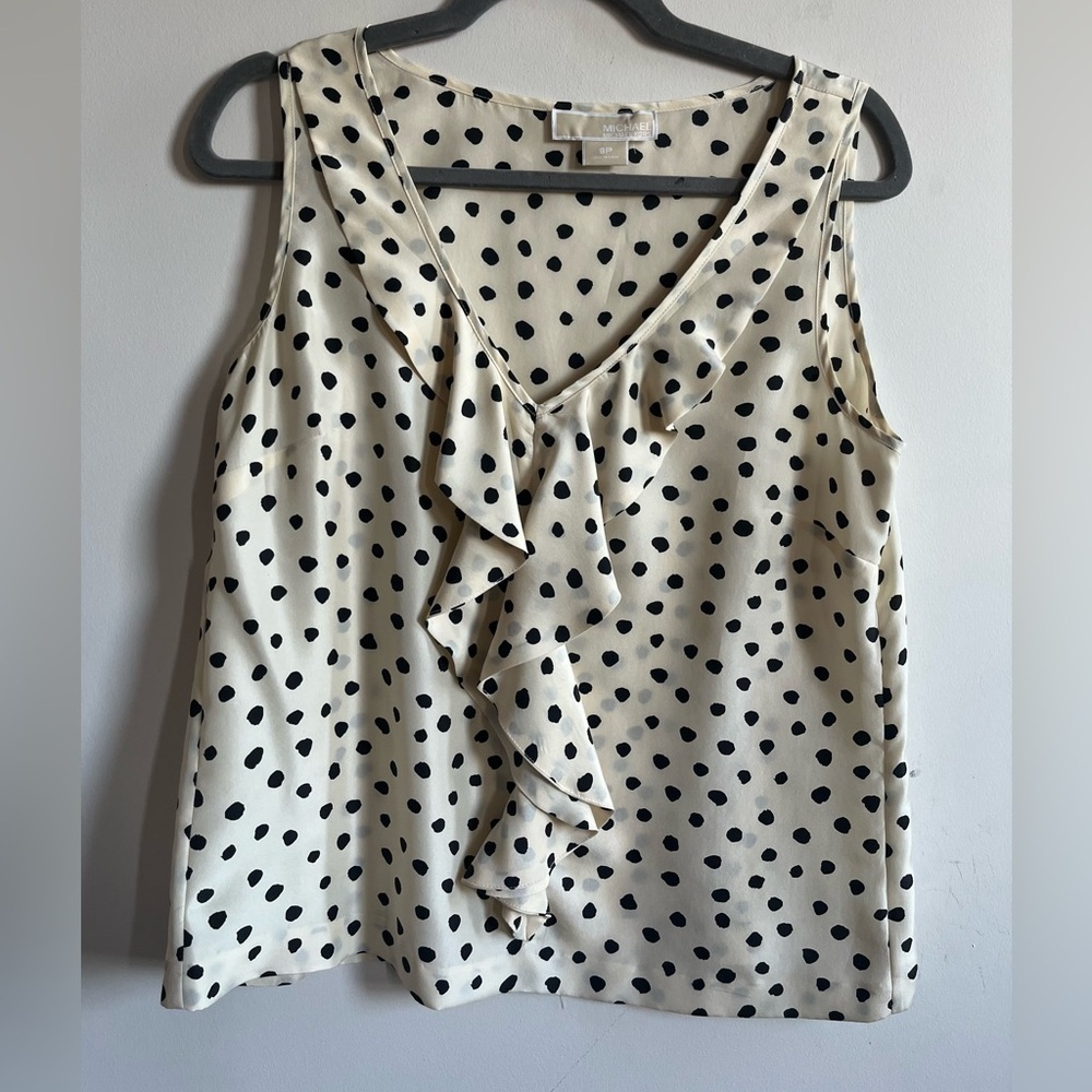 Michael Kors Polka Dot 100 % Silk Ruffles Sleeveless Blouse - 8P